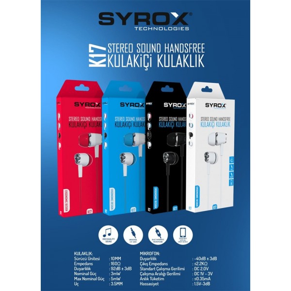 Syrox K17 Stereo Kulakiçi Mikrofonlu Kulaklık